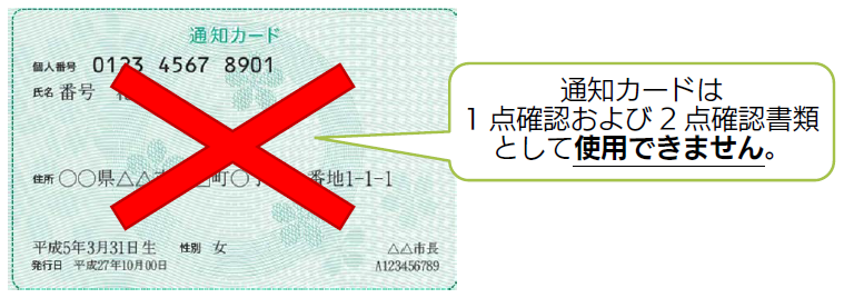 通知カードは1点確認および2点確認書類として使用できません。